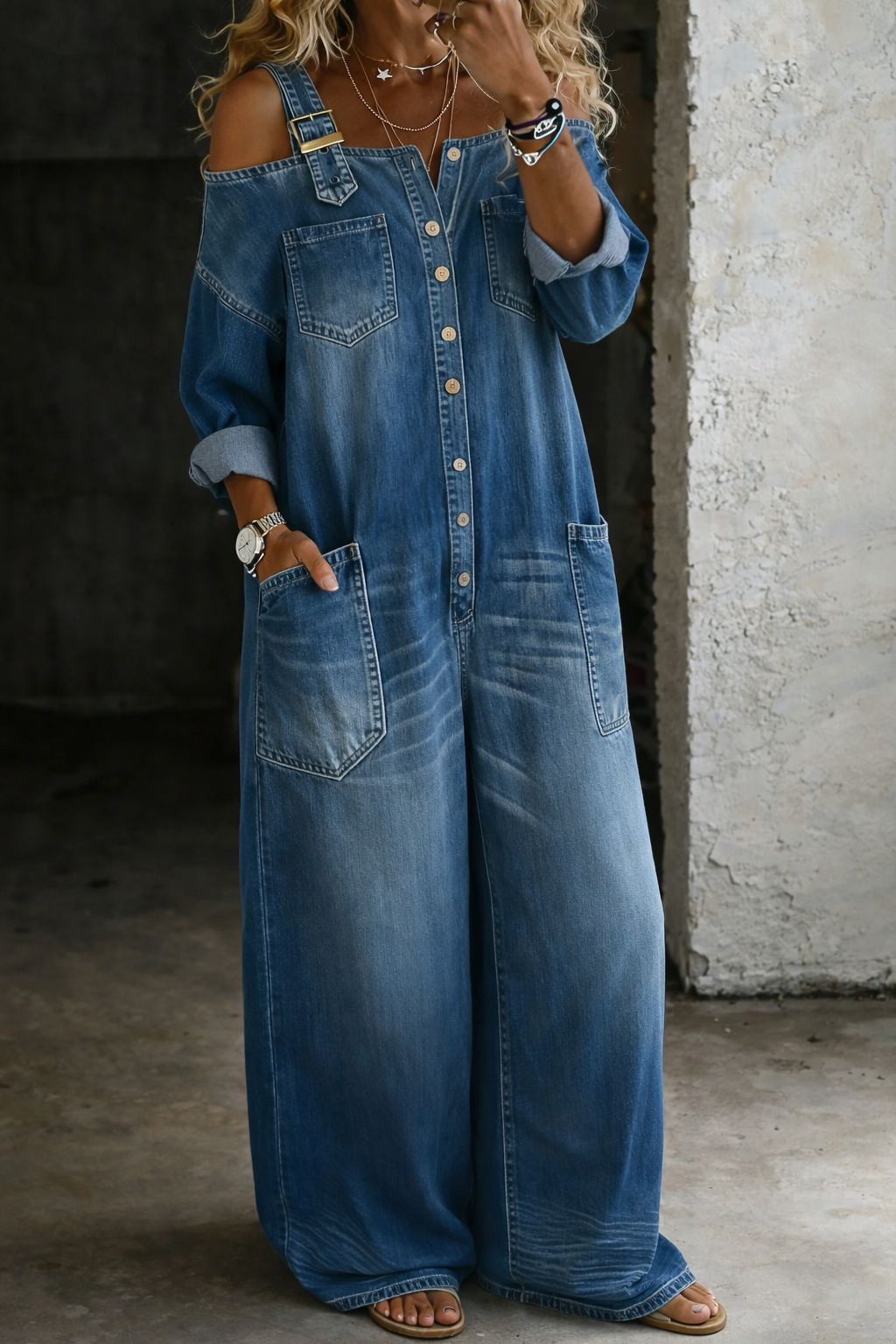 Mono Denim con Hombros Descubiertos – Estilo Moderno y Cómodo