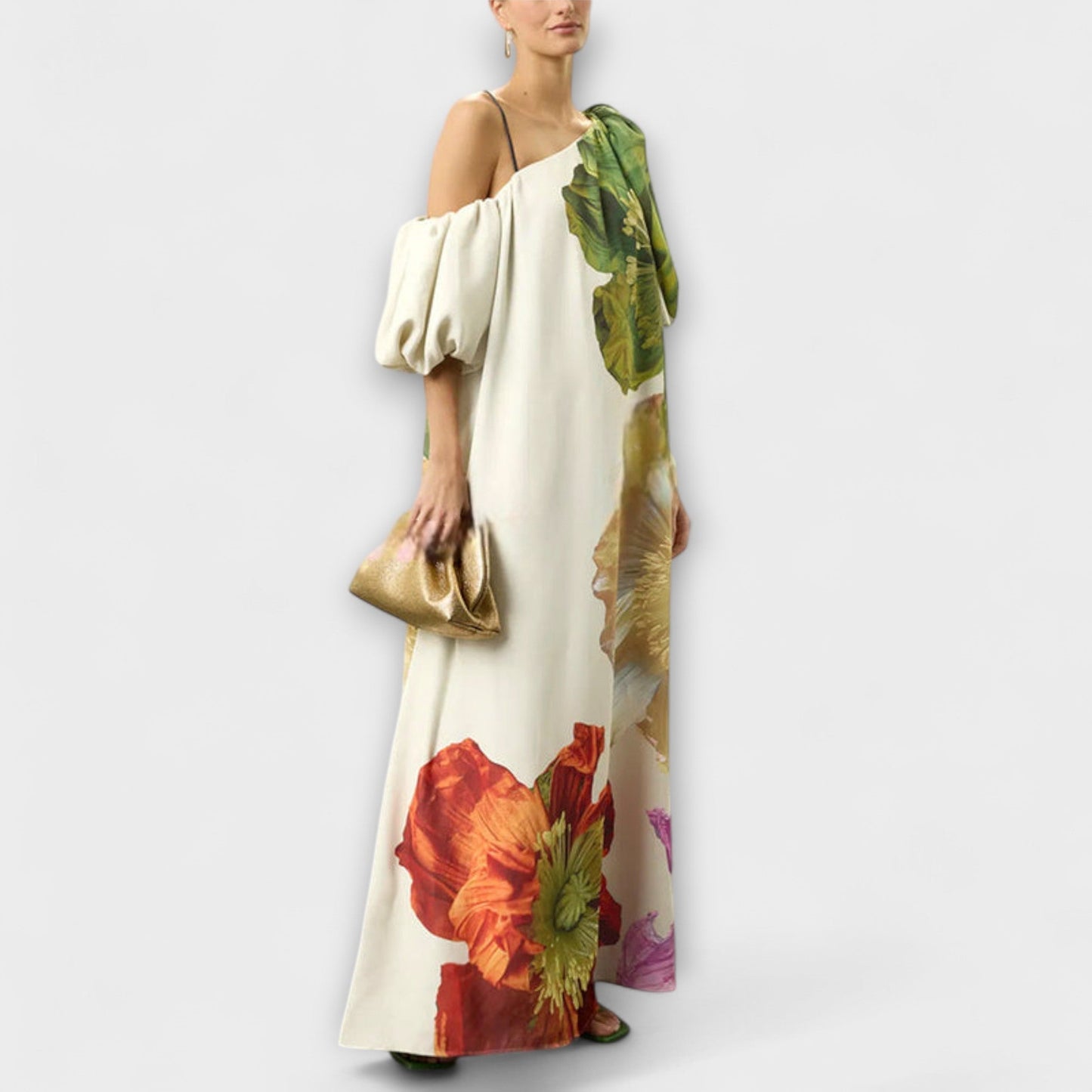 Skylar - Maxi vestido con estampado floral, escote asimétrico y mangas abullonadas