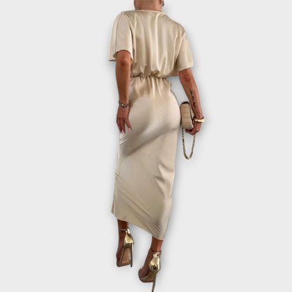 Sable - Vestido maxi con escote en V y nudo cruzado de satén resistente