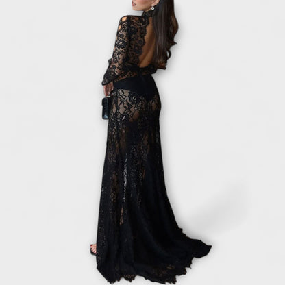 Azalea - Elegancia Polnoci Transparente Vestido Largo de Encaje con Mangas Largas Stretch