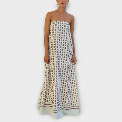 Rjava - Vestido maxi geométrico único con hombros al descubierto