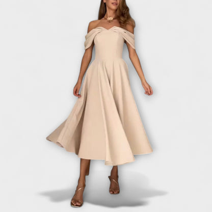 Romy - Maxi vestido chic off-the-shoulder con drapeado