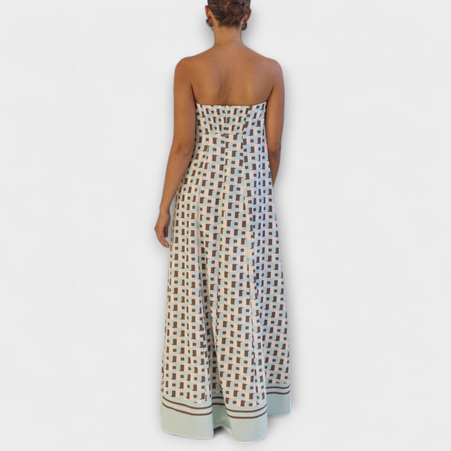 Rjava - Vestido maxi geométrico único con hombros al descubierto