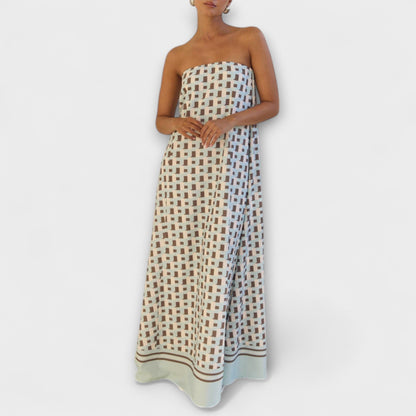 Rjava - Vestido maxi geométrico único con hombros al descubierto