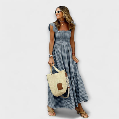 Vestido Maxi de Cuadros con Mangas Voladas