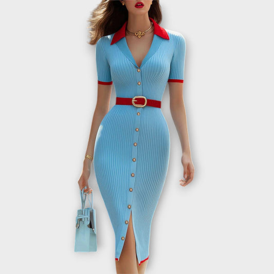 Sina - Vestido ajustado de canalé en azul pastel