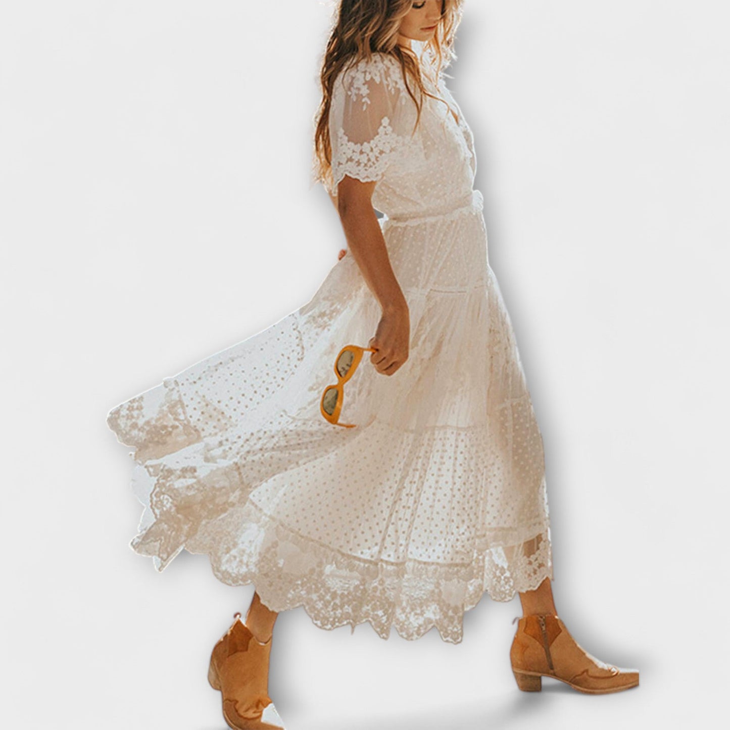Vestido Lacey Midi con Escote en V y Mangas Cortas