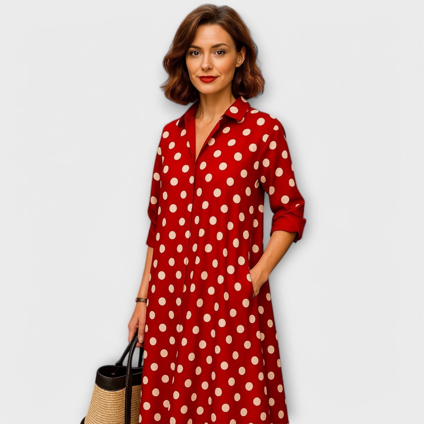Vestido de camisa moderno con cuello y mangas tres cuartos