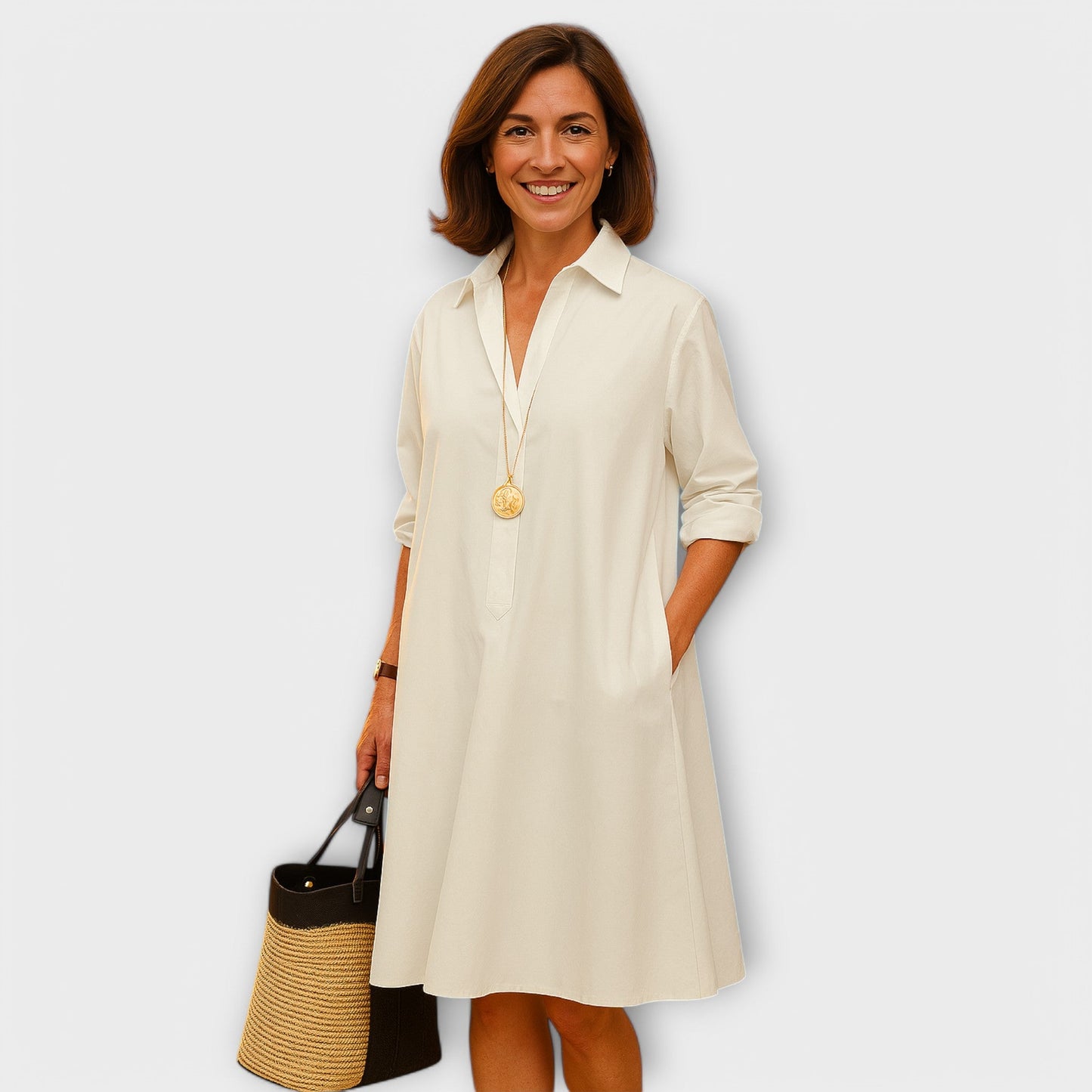 Vestido de camisa moderno con cuello y mangas tres cuartos