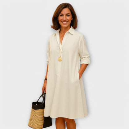 Vestido de camisa moderno con cuello y mangas tres cuartos
