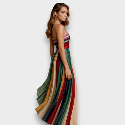 Melissa - Vestido maxi multicolor con rayas plisadas