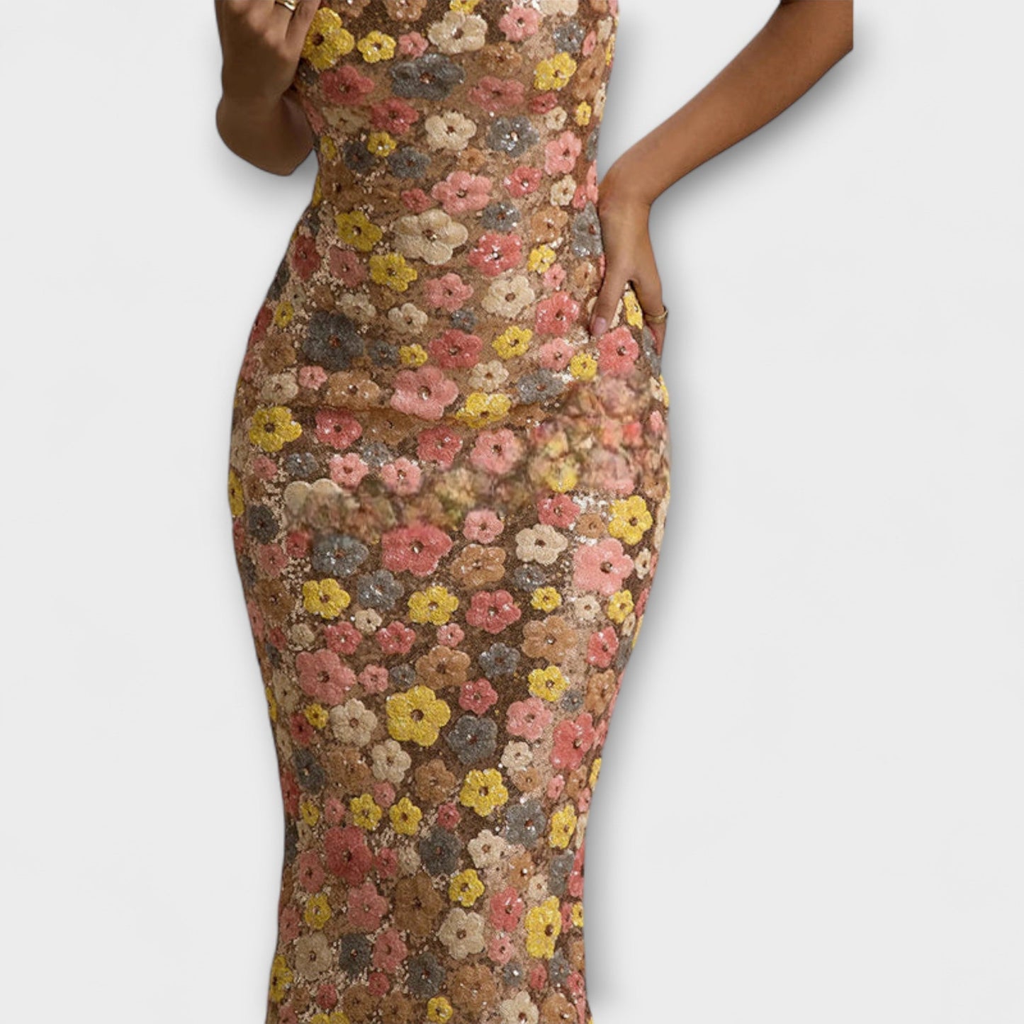 Oakley - Maxi Vestido con Flores y Brillo al Estilo de los Años 80