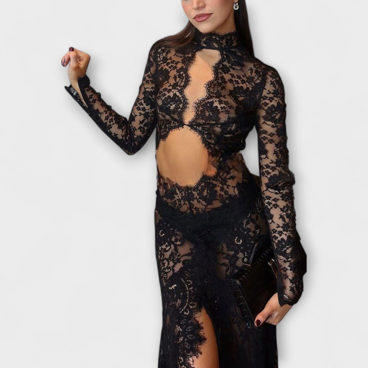 Azalea - Elegancia Polnoci Transparente Vestido Largo de Encaje con Mangas Largas Stretch