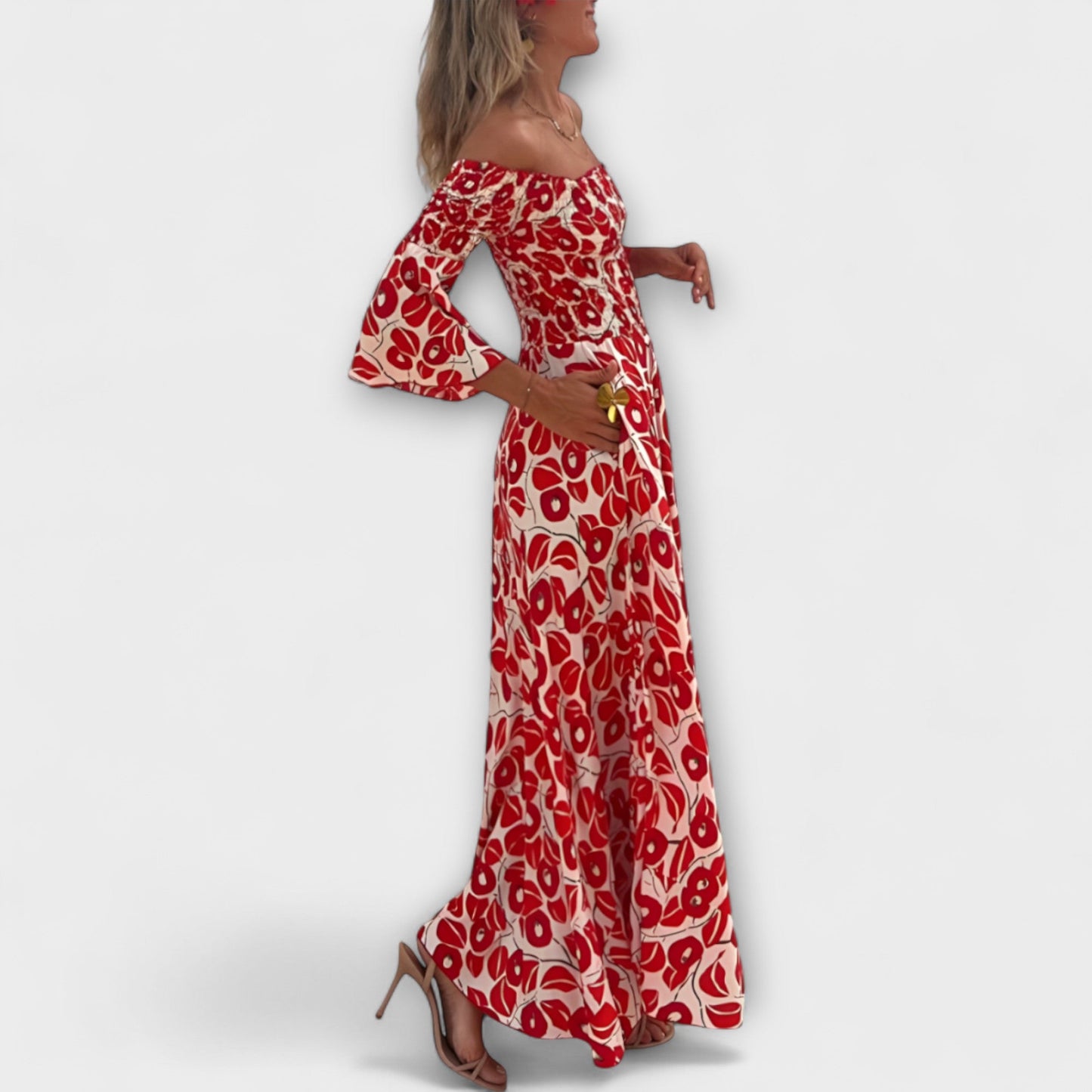 Bella - Vestido con hombros al descubierto y flores del océano