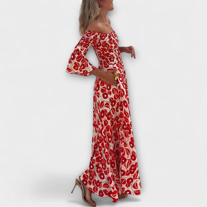 Bella - Vestido con hombros al descubierto y flores del océano