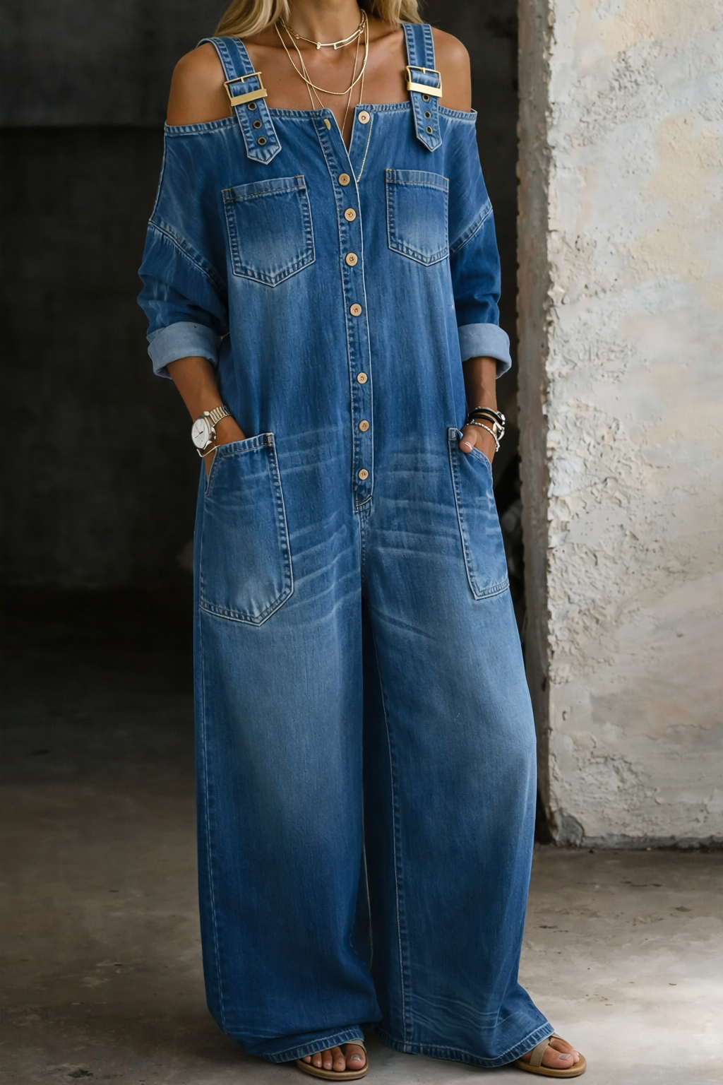 Mono Denim con Hombros Descubiertos – Estilo Moderno y Cómodo
