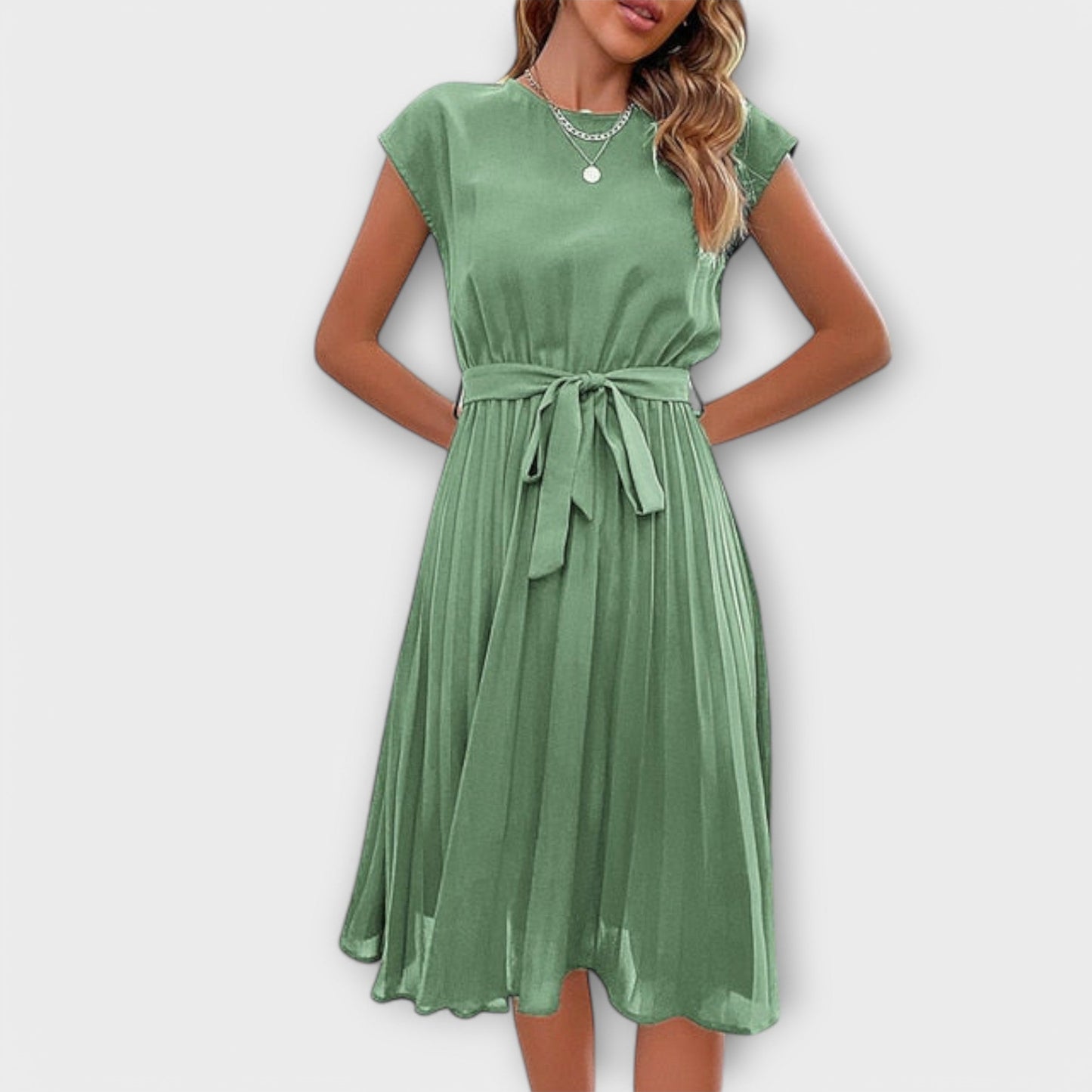 Claire - Vestido midi casual de manga corta plisado