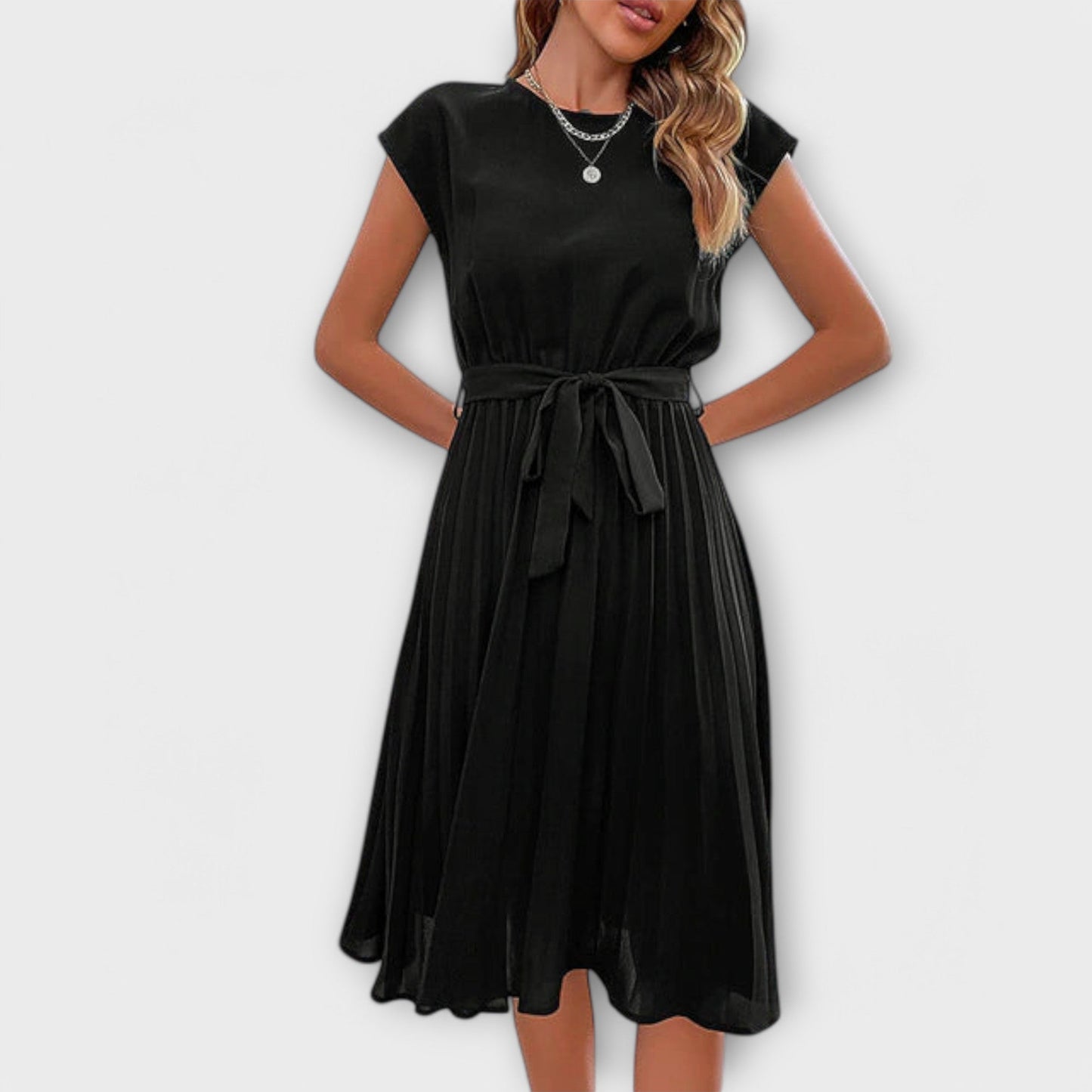 Claire - Vestido midi casual de manga corta plisado