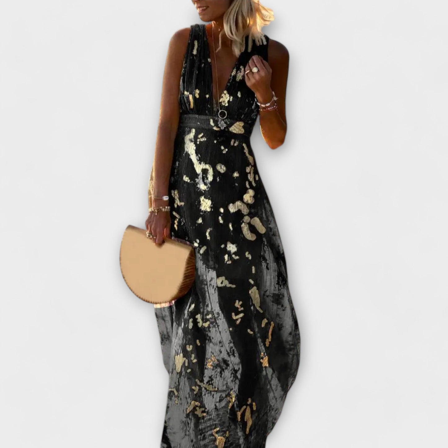 Vestido con escote en V y detalles de brillo