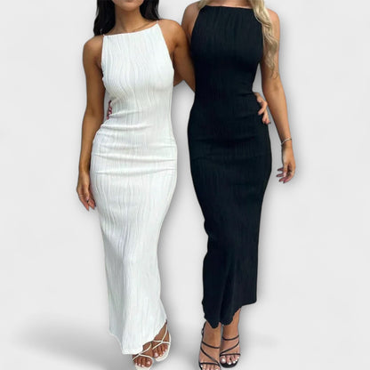 Vestido maxi sin mangas elegante con fruncidos