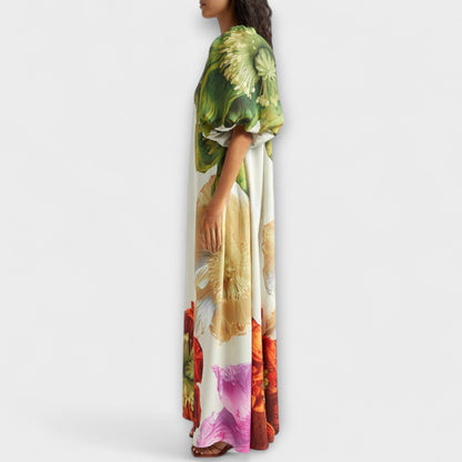 Skylar - Maxi vestido con estampado floral, escote asimétrico y mangas abullonadas