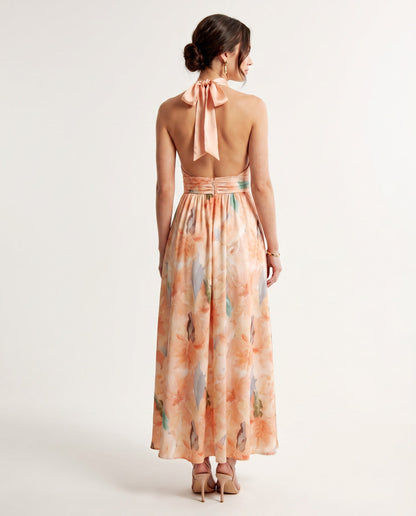 Vestido largo halter con corte A y estampado estilo óleo