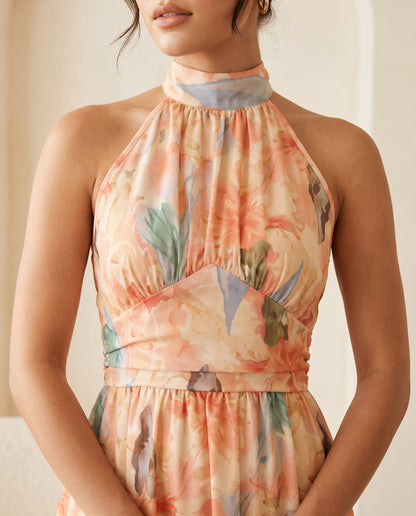 Vestido largo halter con corte A y estampado estilo óleo