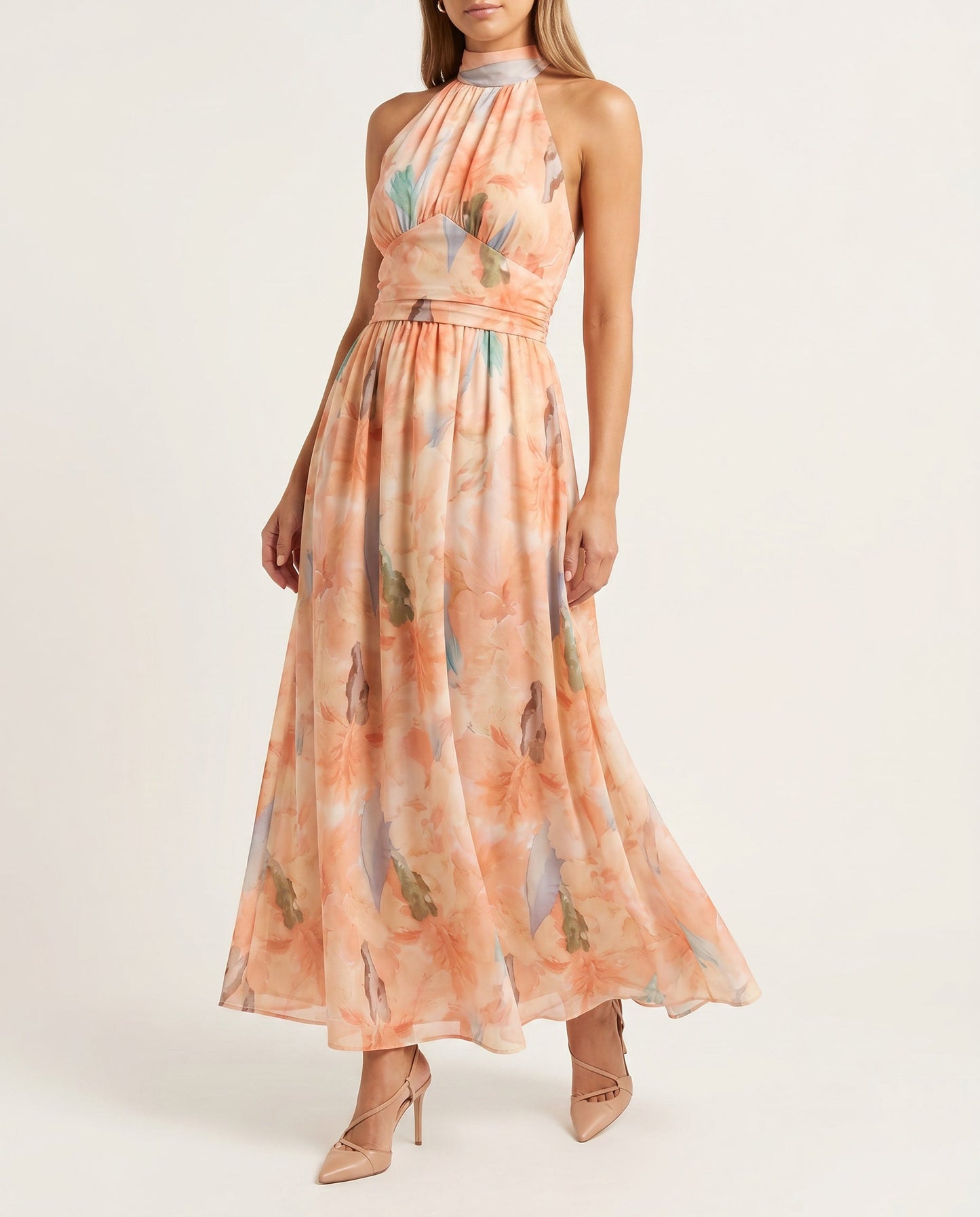 Vestido largo halter con corte A y estampado estilo óleo