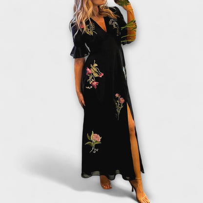 Beatrice - Elegantes vestido azul marino con bordado floral