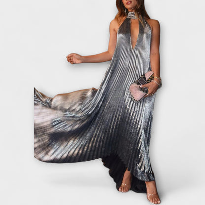 Calliope - Vestido maxi plisado metálico