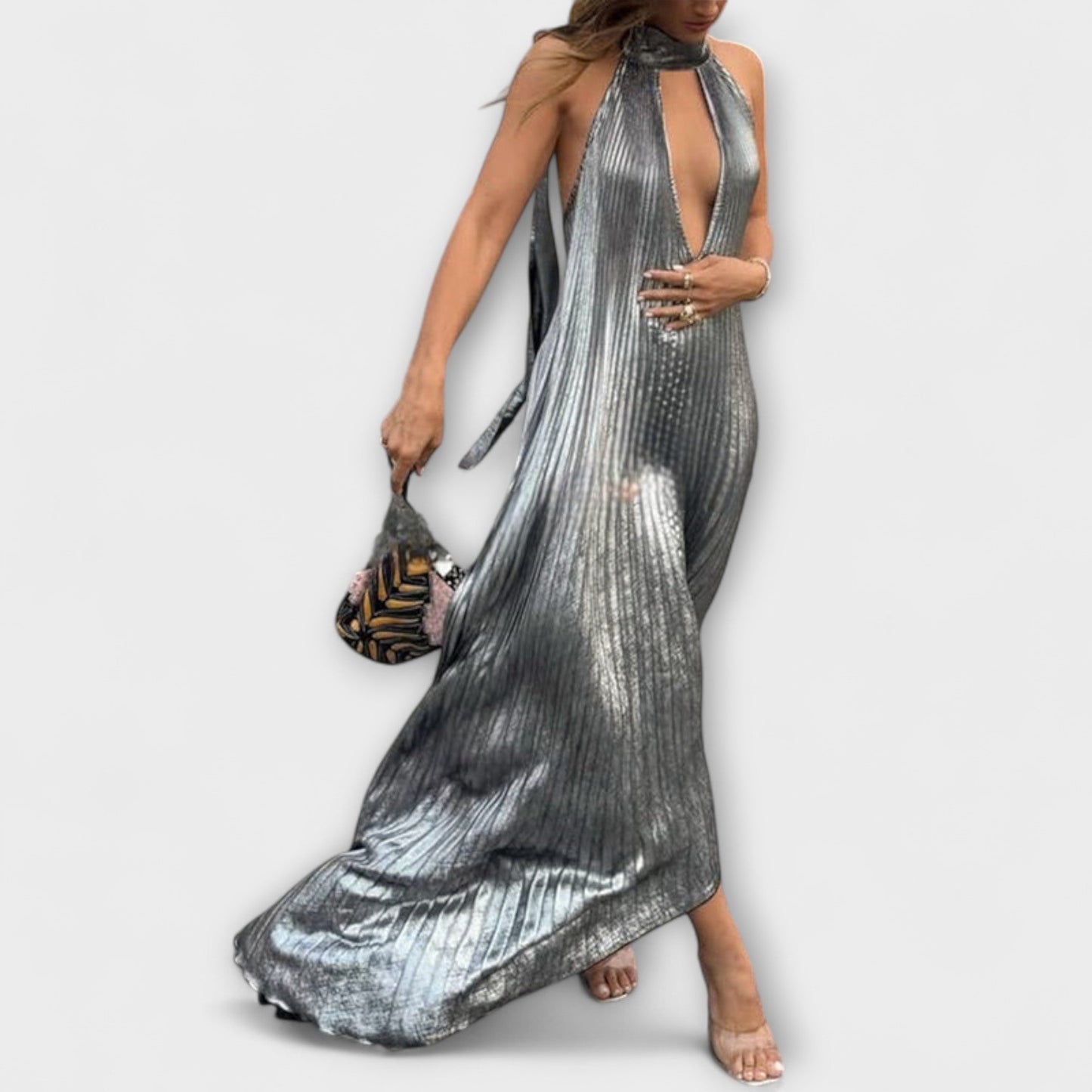 Calliope - Vestido maxi plisado metálico