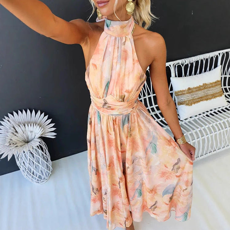 Vestido largo halter con corte A y estampado estilo óleo