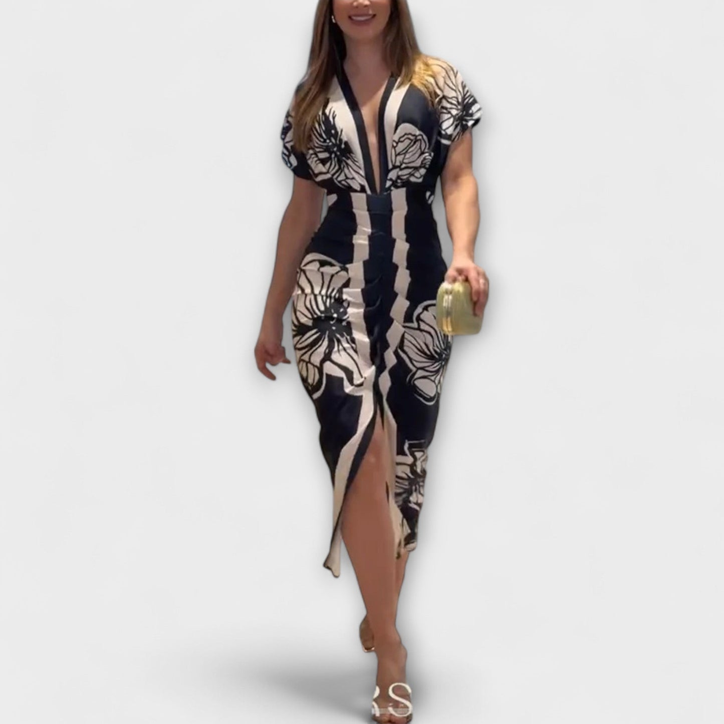 Cleo - Vestido midi único con mangas dolman y estampado brasileño