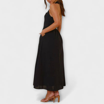 Lydia - Vestido negro halter de longitud media con detalle en la cintura