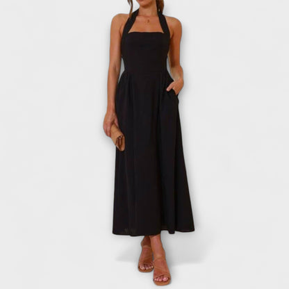 Lydia - Vestido negro halter de longitud media con detalle en la cintura