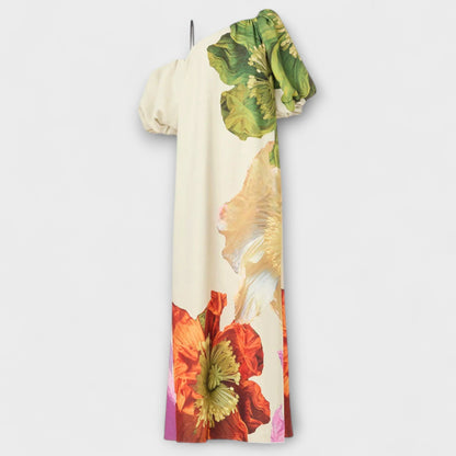 Skylar - Maxi vestido con estampado floral, escote asimétrico y mangas abullonadas
