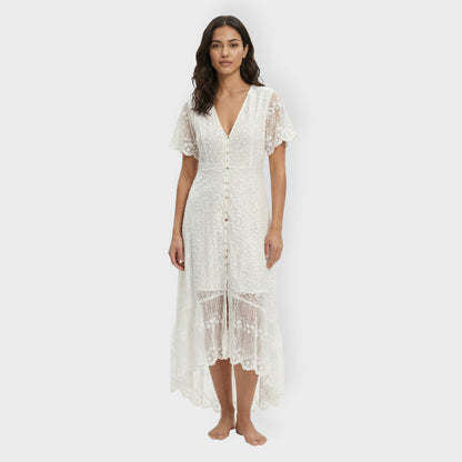 Vestido Blanco Mujer Botones Encaje