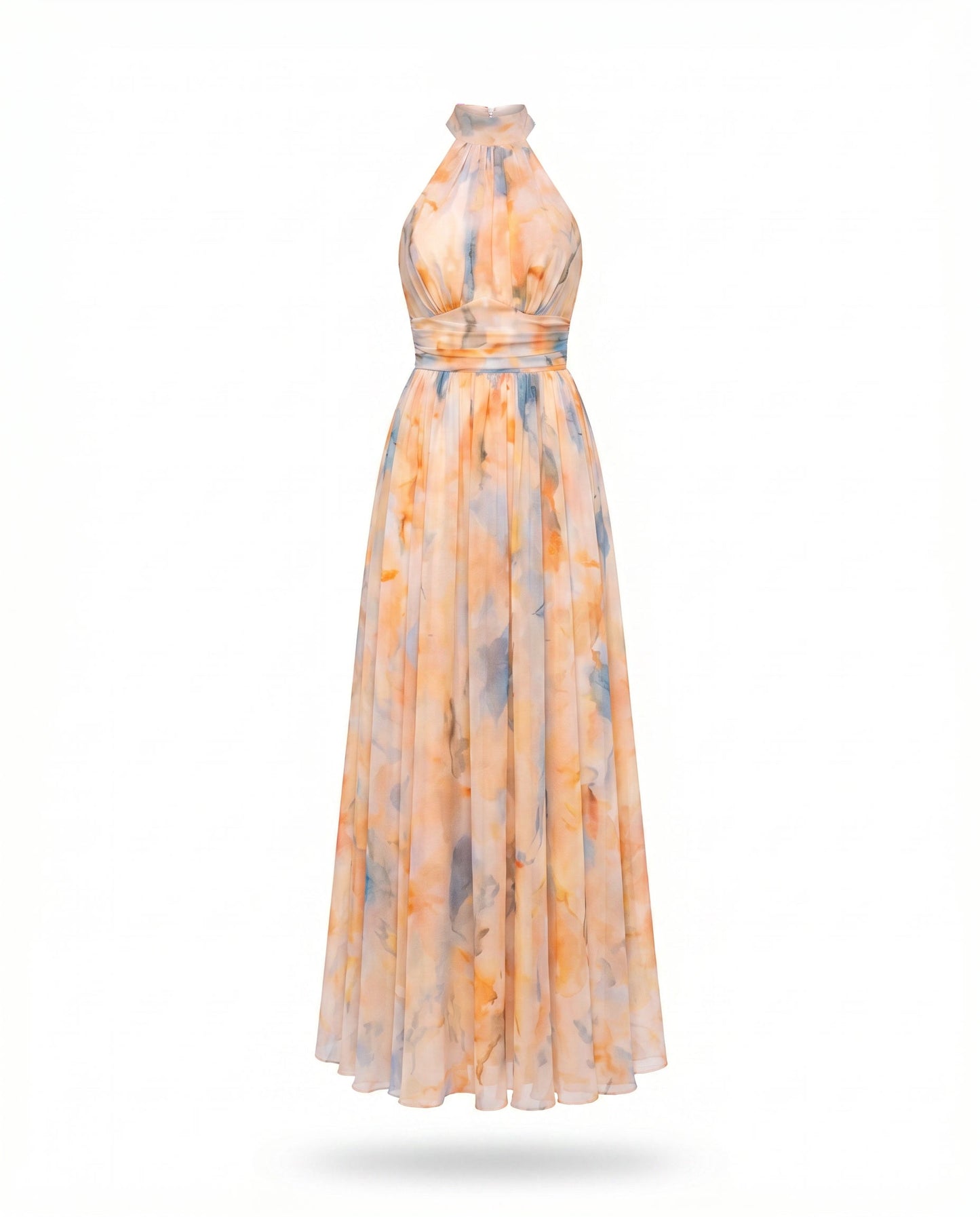 Vestido largo halter con corte A y estampado estilo óleo
