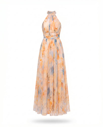 Vestido largo halter con corte A y estampado estilo óleo