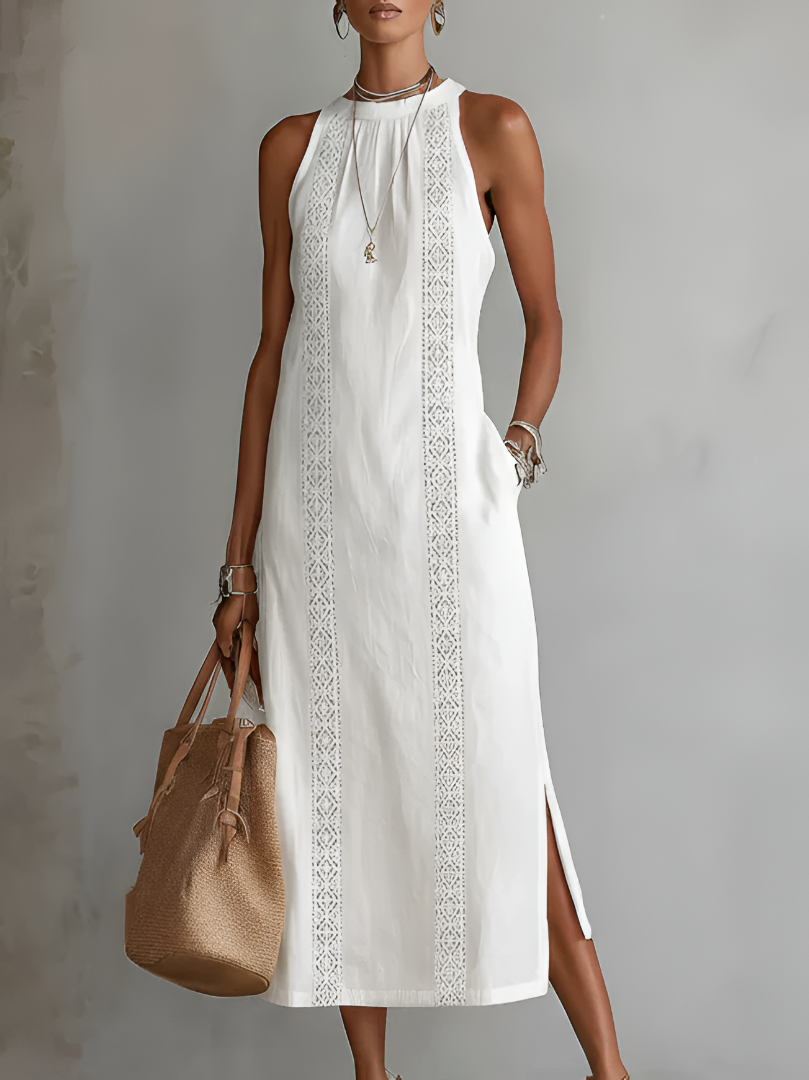 Jimena | Vestido midi de lino con cuello mao + Collar de Regalo