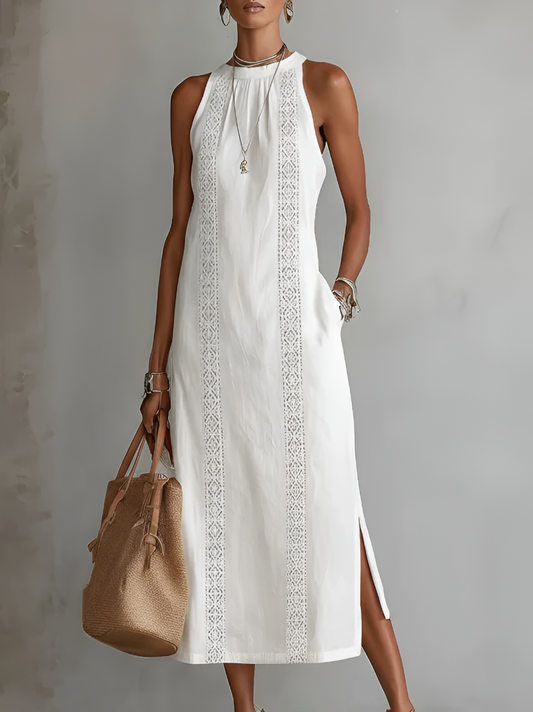 Jimena | Vestido midi de lino con cuello mao + Collar de Regalo