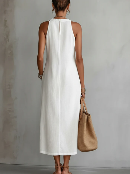 Jimena | Vestido midi de lino con cuello mao + Collar de Regalo
