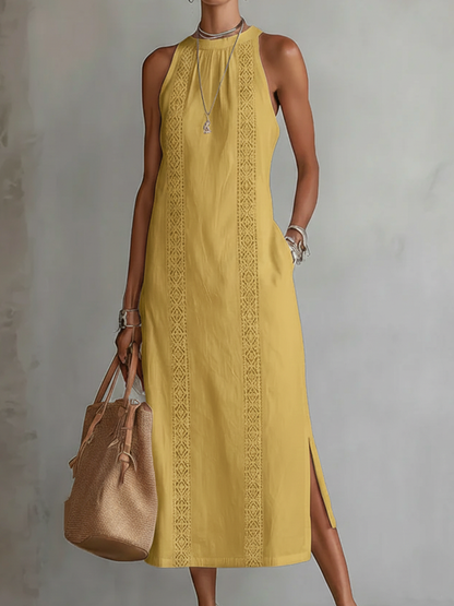 Jimena | Vestido midi de lino con cuello mao + Collar de Regalo